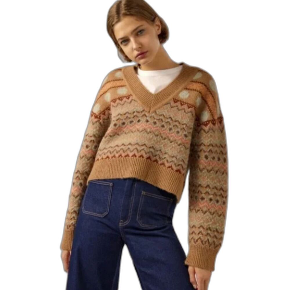Zara Jacquard Knit Fair Isle Polka Dot V-Neck Cropped Sweater Tan Size M